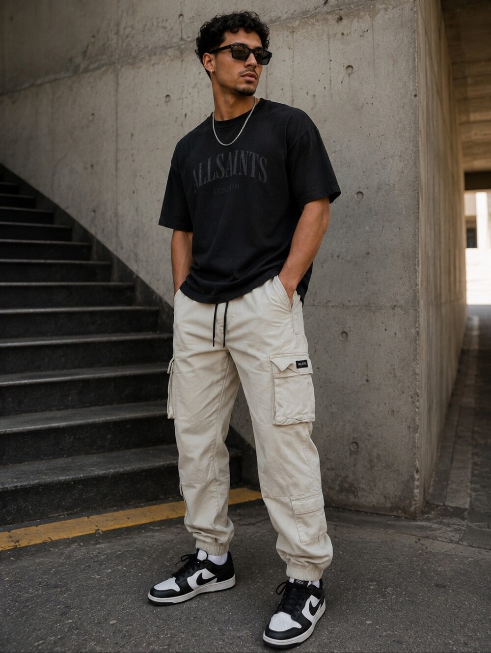 Hollister Beige Cargo Jogger Pants with Black Drawstring